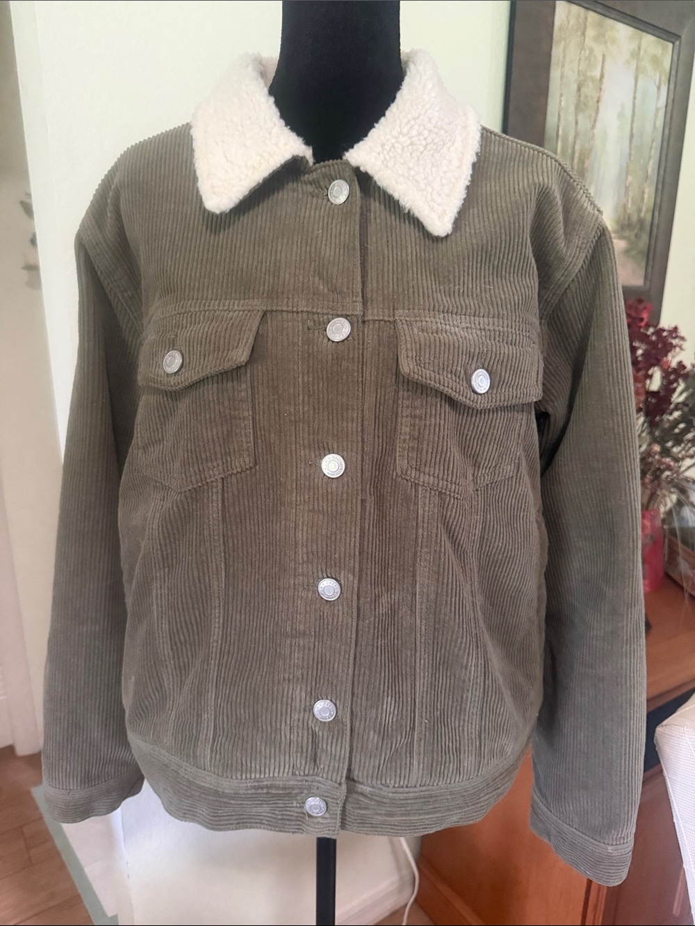 Olive Corduroy Sherpa-Collar Trucker Jacket